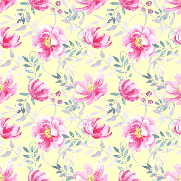 Seamless Pattern Wild Pink Roses Elegant Pastel Floral Elements Yellow — ストック写真