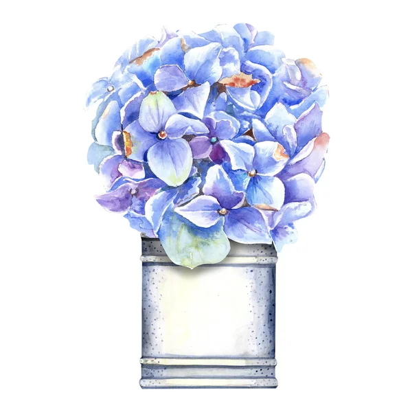 Vase Blue Lilac Hydrangeas Isolated Element Hand Painted Watercolor — ストック写真