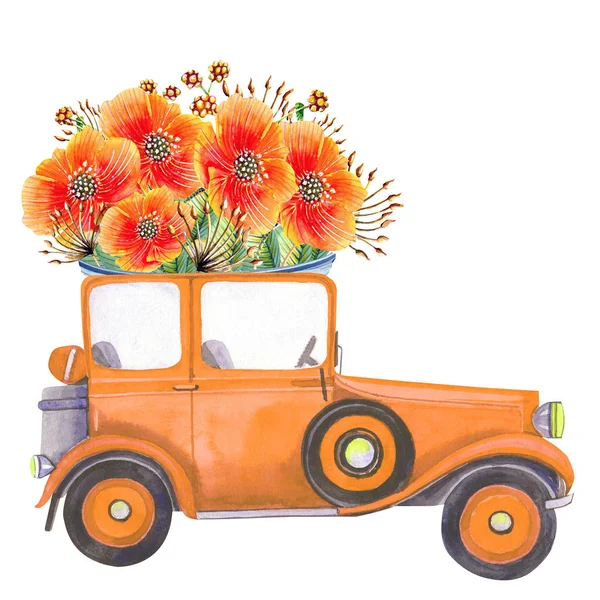 Ілюстрація Старовинним Автомобілем Маковими Квітами Осінніми Квітковими Елементами Ізольований Елемент — стокове фото