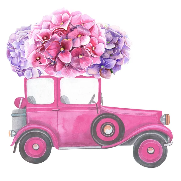Ілюстрація Старовинним Автомобілем Рожевими Синіми Бузковими Квітами Гортензій Ізольований Елемент — стокове фото