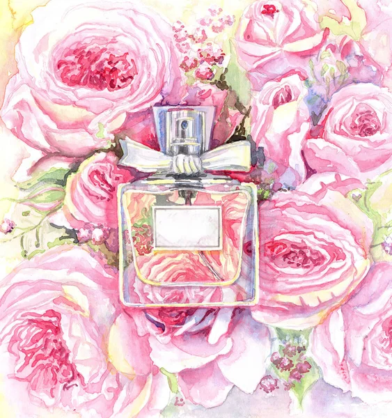 Vintage Perfume Bottle Pink Roses Leaves Hand Painted Watercolor — ストック写真