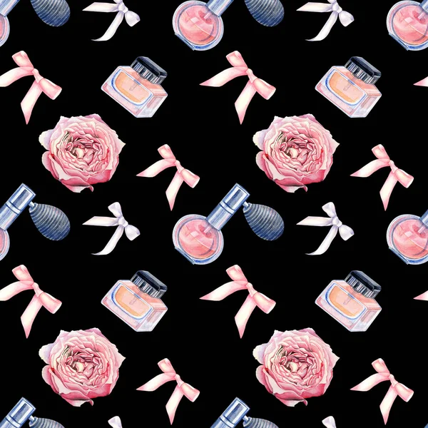 Seamless Pattern Perfume Bottle Roses Black Background Hand Painted Watercolor — ストック写真