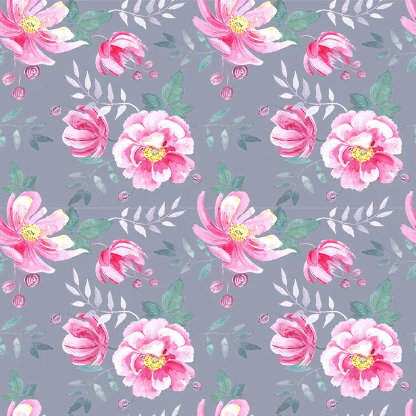 Seamless Pattern Wild Pink Roses Elegant Pastel Floral Elements Gray — ストック写真