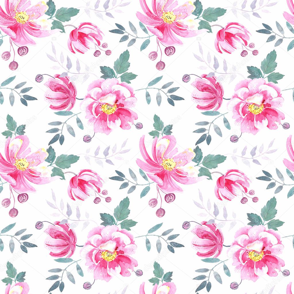 Seamless pattern with wild pink roses , elegant pastel floral elements on a white background..Hand painted in watercolor.