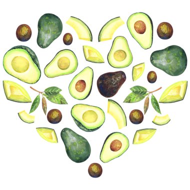 Avokadolarla kusursuz desen, beyaz arka planda yapraklar. Suluboya elle boyanmış. Stok illüstrasyonu.