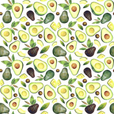 Avokadolarla kusursuz desen, beyaz arka planda yapraklar. Suluboya elle boyanmış..
