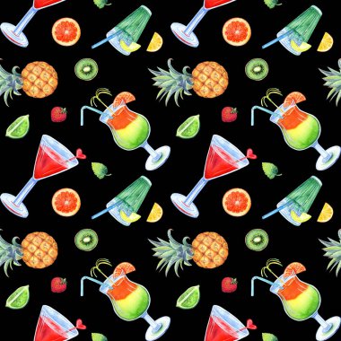 Renkli kokteyller, tropikal meyveler, ananas, portakal, limon ve siyah arka planda limon. Suluboya elle boyanmış..
