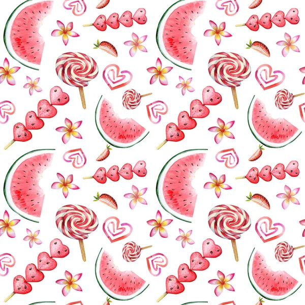Безшовний Візерунок Тропічними Квітами Рожевим Серцем Кавуном Лоліпопом Полуницею Рука — стокове фото