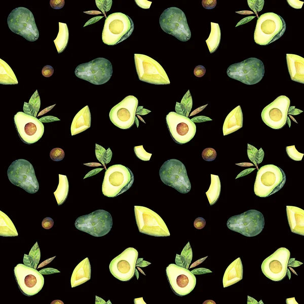 Nahtloses Muster Mit Avocados Blättern Auf Schwarzem Hintergrund Handgemalt Aquarell — Stockfoto