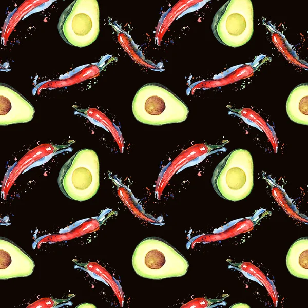 Бесшовный Рисунок Красным Чили Авокадо Белом Фоне Ручная Покраска Акварелью — стоковое фото