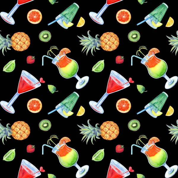 Seamless pattern with colorful cocktails, tropical fruit, pineapple, orange, lemon, lime on a black background. Hand painted in watercolor.