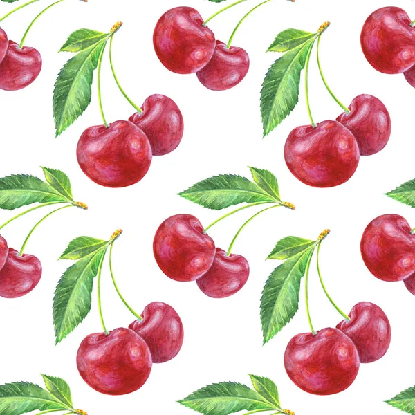 白い背景に赤いチェリーフルーツとシームレスなパターン 水彩で手描き ストックイラスト — ストック写真