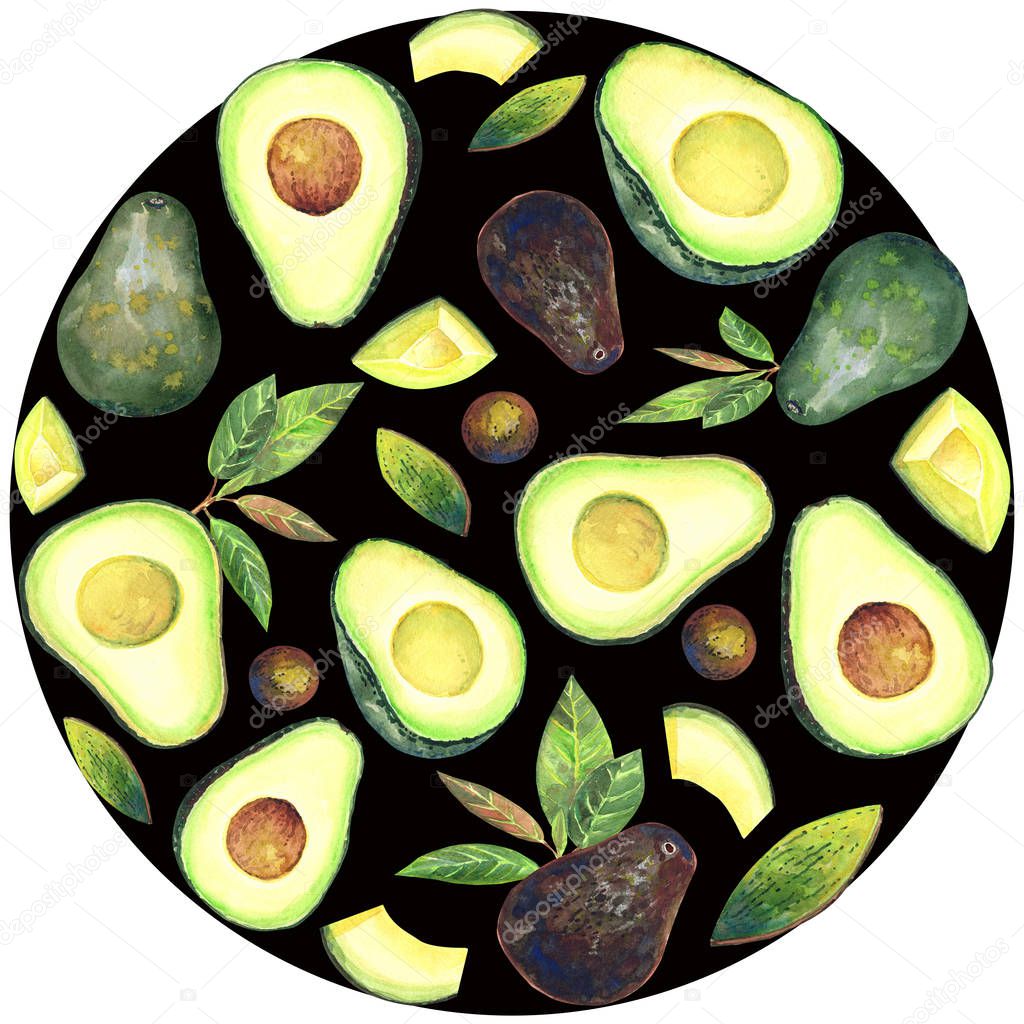 Seamless pattern with avocados, leaves on a black background. Hand painted in watercolor. Stock illustration.