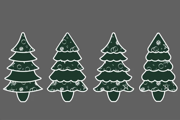 Vier Kerstbomen Geïsoleerd Witte Omtrek Patroon Vullen — Stockfoto