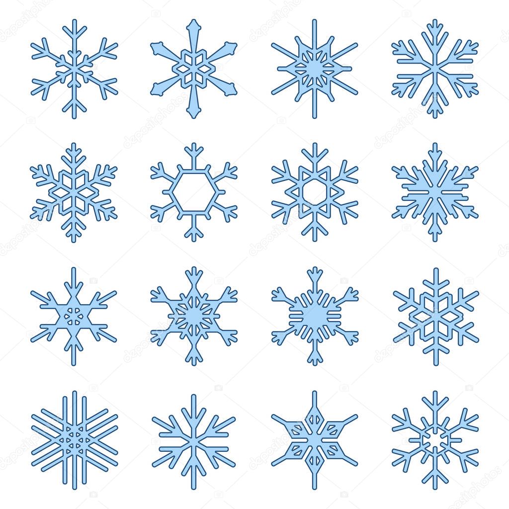 set of blue snowflakes. isolated on white