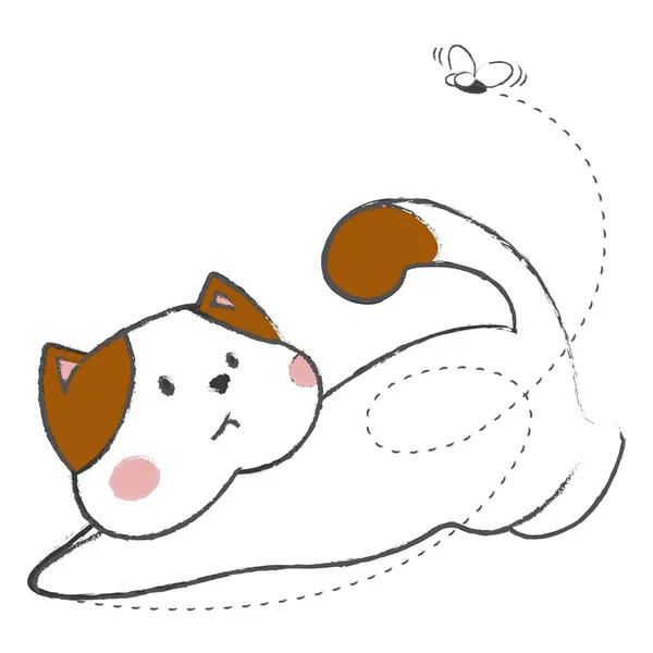 Cute White Cartoon Cat Cute Kitten Playing Fly Hunting Kawaii — ストック写真