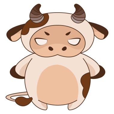Kızgın bir buzağının çizgi film çizimi. Gorby görüldü. Sevimli bir karakter. Zodiac burcu Taurus. Kupada, tişörtte, defter kapağında parmak izi var. Stok illüstrasyonu beyaz üzerine izole edildi.
