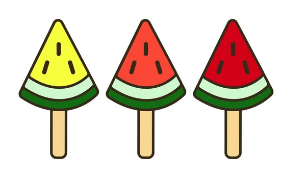 Wassermelonenscheiben Auf Einem Stock Drei Farben Gelbe Wassermelone Saftiger Sommerprint — Stockfoto
