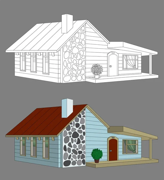 Residential house flat vector illustration. Real estate. Countryside building exterior. Two storey dwelling place with garage. Suburban home facade with garden and lawn. Cottage house leasing.