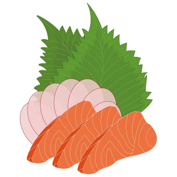 Sashimi Three Slices Fresh Salmon Raspberry Leaves Radish Slices Food — Stock Photo, Image