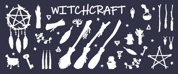 Witchcraft. Wicca and pagan tradition. Magical items. Hand drawn elements: witch\'s broom, magic wand, dreamcatcher, candles, mortar, elixirs, etc. Occult Symbols Silhouette. Stock illustration.