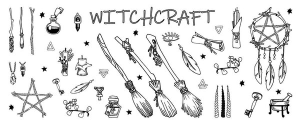 Witchcraft. Wicca and pagan tradition. Magical items. Hand drawn elements: witch's broom, magic wand, dreamcatcher, candles, mortar, elixirs, etc. Occult Symbols. Stock illustration.