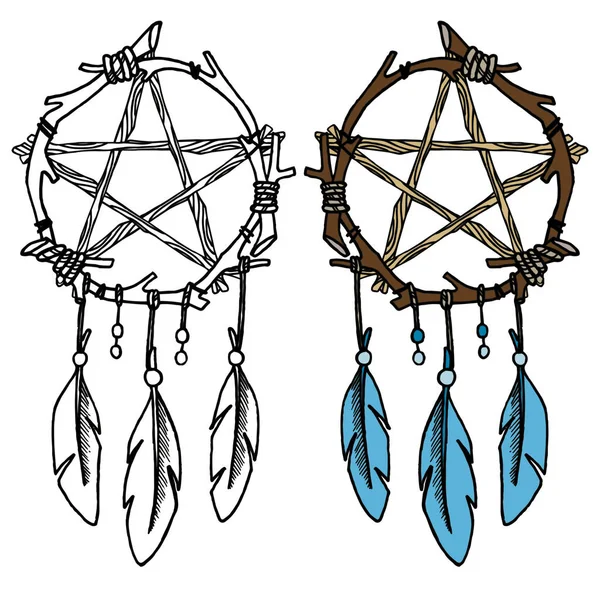 Abstract vector pentagram sign. Dream catcher from branches with blue feathers and beads. Black line and color drawing. Stock illustration. Coloring book for adults.