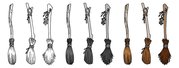 Set Different Witch Brooms Isolated White Brooms Different Color Options — Stock Photo, Image