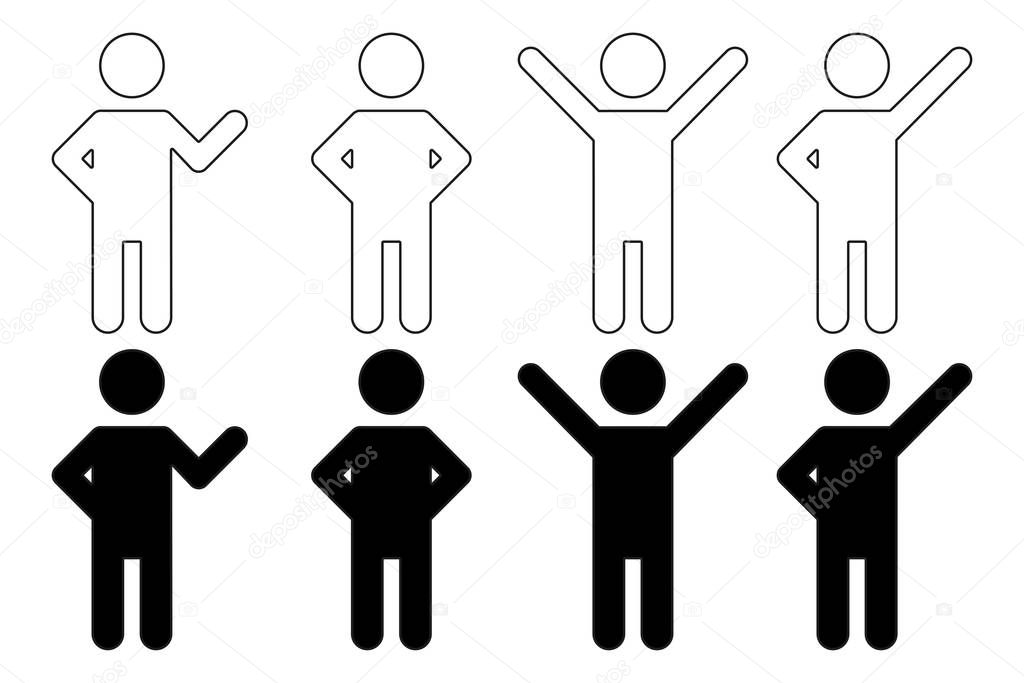 Vector illustration. Icon set. Black and white. Different poses. Minimalistic design. Men. Stock illustration.