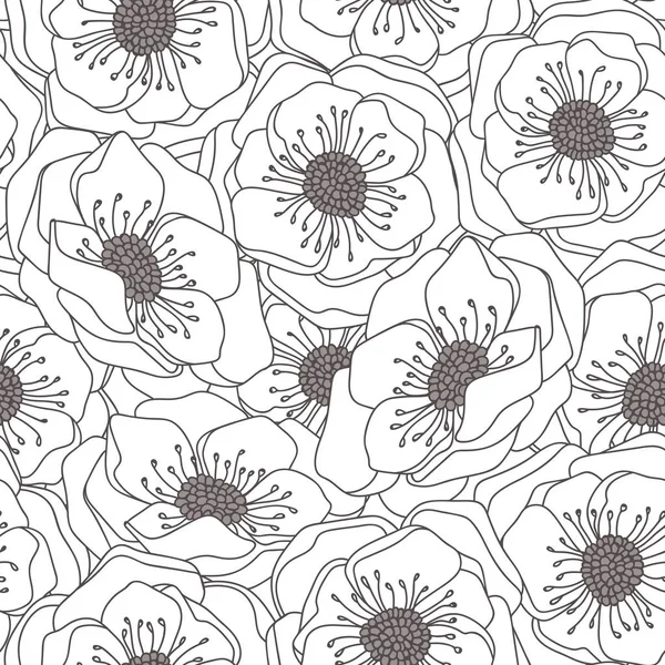 Vektor Illusztráció Zökkenőmentes Minta Minimalista Mákvirág Fehér Virágok Fekete Vonal — Stock Fotó