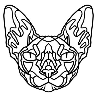 Vektör çizimi. Çocuklar ve yetişkinler için boyama sayfası. Bir kedinin kafası. Sphynx kedisi. Yetişkinler için rahatlatıcı boyama kitabı.