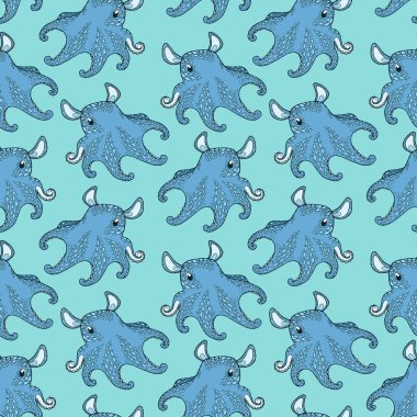 Kusursuz desen. Ahtapot Dumbo. Mavi arka planda mavi ahtapot. Bebek ürünleri için baskı. Kartpostallar, kitap illüstrasyonları, ambalaj kağıtları, tekstil ve internet için kullan. Ahtapotların el çizimi. Vektör çizimi. Eps.