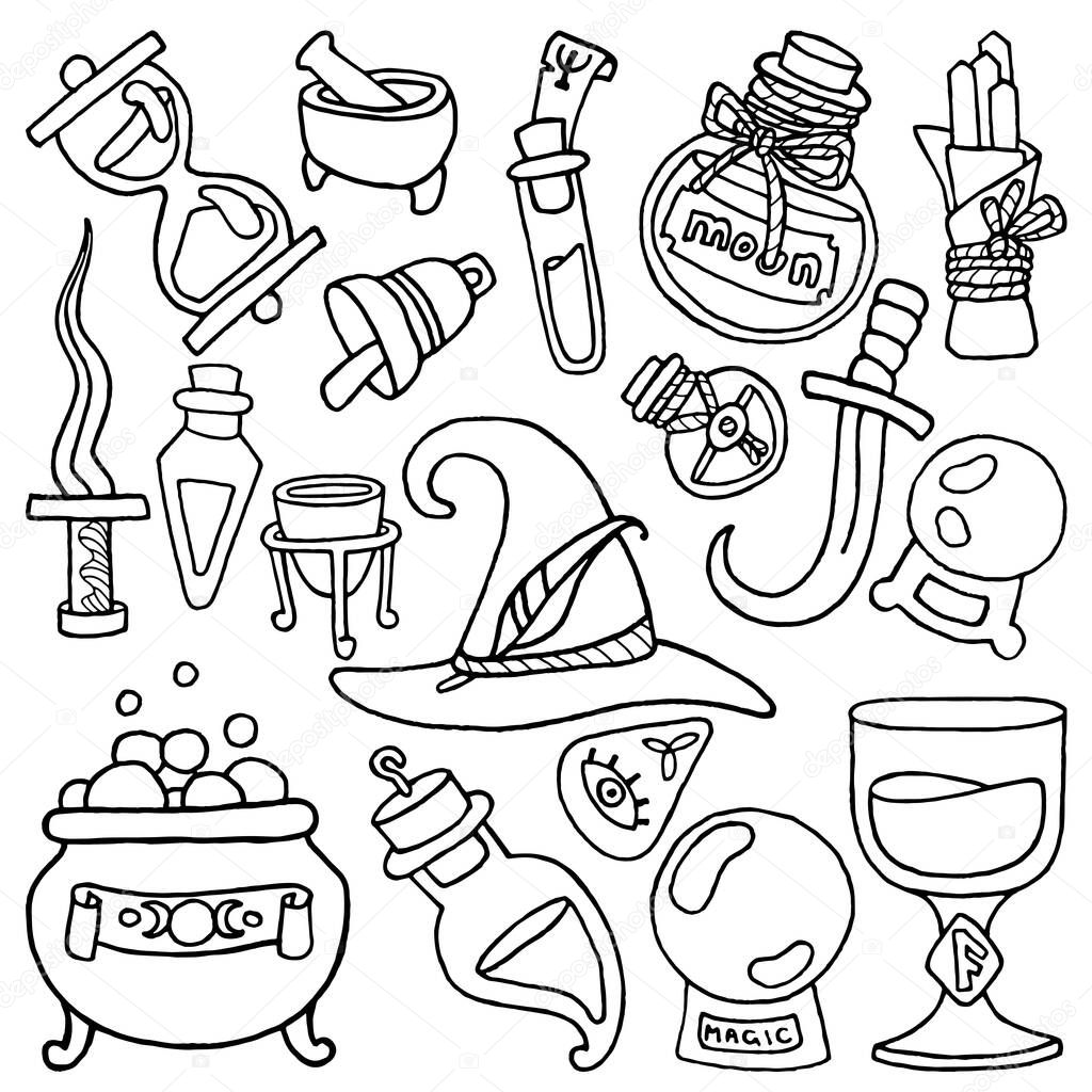 Witchcraft. Wicca and pagan traditions. Magic items. Drawn elements: witch hat, potion bottles, ritual daggers, mortar and pestle, crucible, hourglass, crystal ball, cauldron, etc. Occult symbols.