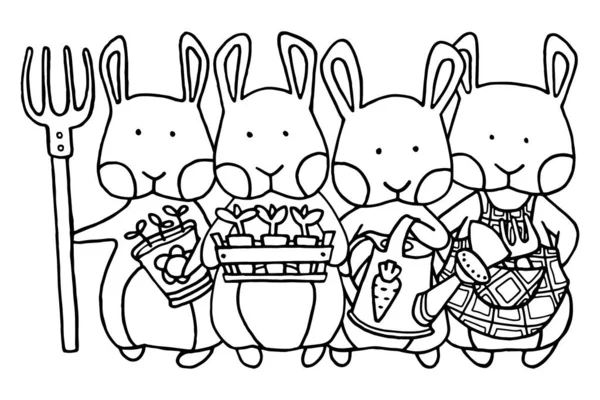 Ручной Рисунок Раскрашивание Страницы Набор Мультяшных Кроликов Кролик Садовник Симпатичный — стоковое фото