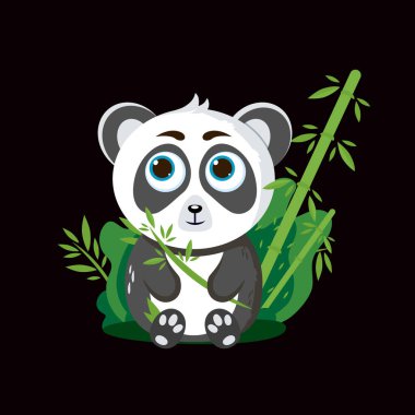Şirin panda. Bambularla oturarak. Çocuklar için vektör illüstrasyonu. Siyah arkaplanda izole