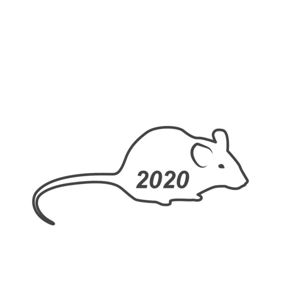鼠标的轮廓。 2020年新年份的线性图解。 病媒隔离背景. — 图库照片