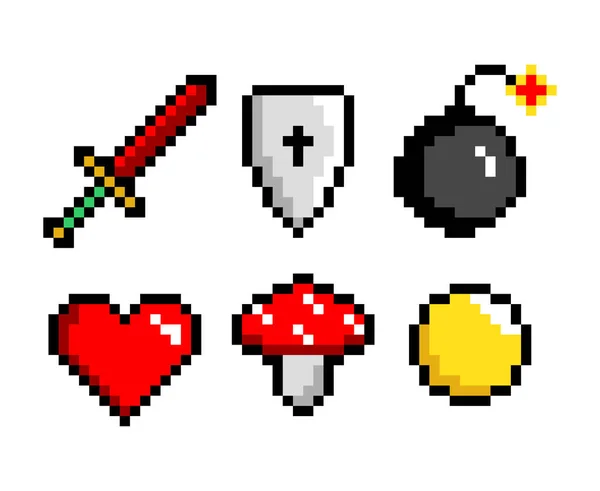 Conjunto de iconos gráficos de píxeles de 8 bits. bomba de espada, corazón y moneda de oro. Activos del juego. Ilustración vectorial aislada . — Vector de stock
