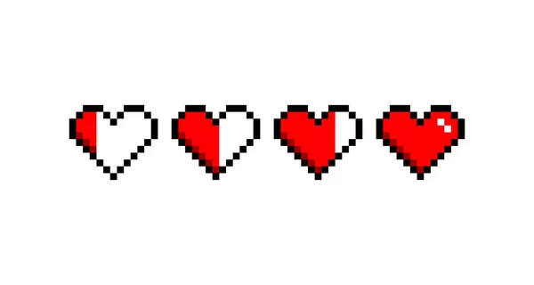 8-bitars pixelgrafik ikon set. hjärtan med olika levnadsstandard. Speltillgångar. Isolerad vektor illustration. — Stock vektor