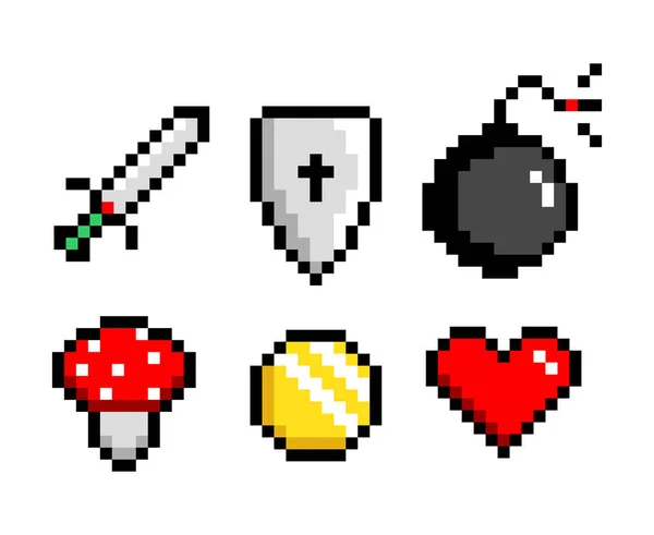 Set de iconos Pixel Art Sword Bomb Poisonous Mushroom Coin Heart de 8 bits. Activos del juego. Ilustración vectorial aislada . — Vector de stock