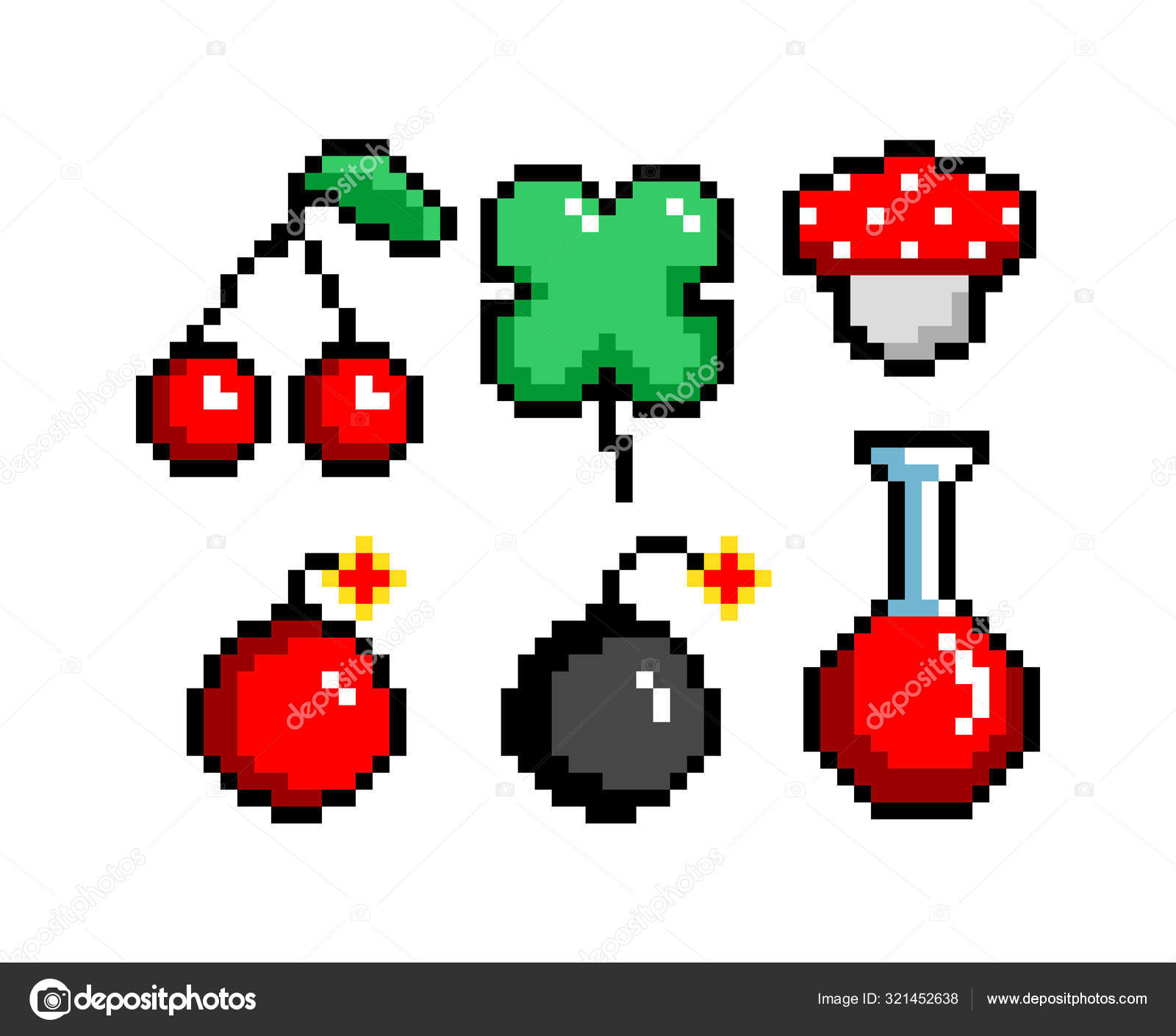 A set of isolated fruits in Pixel Art.