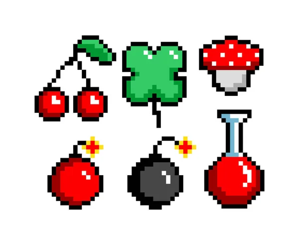 8-bit piksel grafik simgesi seti. Kiraz yoncası iksir bombası zehirli mantar. Oyun varlıkları. İzole vektör illüstrasyonu.