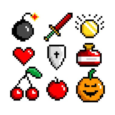 8-bit piksel grafik simgesi seti. Bomba kılıcı, balkabağı elması, kalp ve altın para. Oyun varlıkları. İzole vektör illüstrasyonu