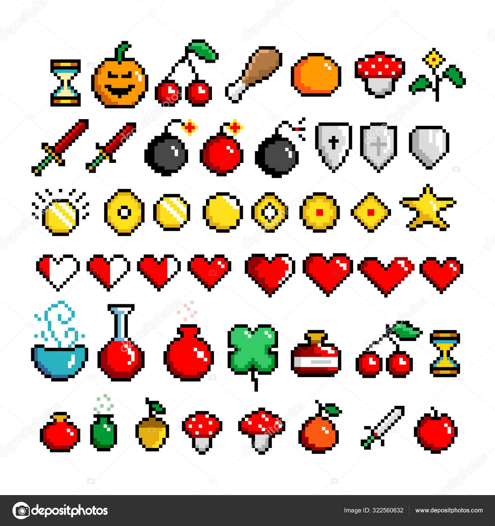 A set of isolated fruits in Pixel Art.