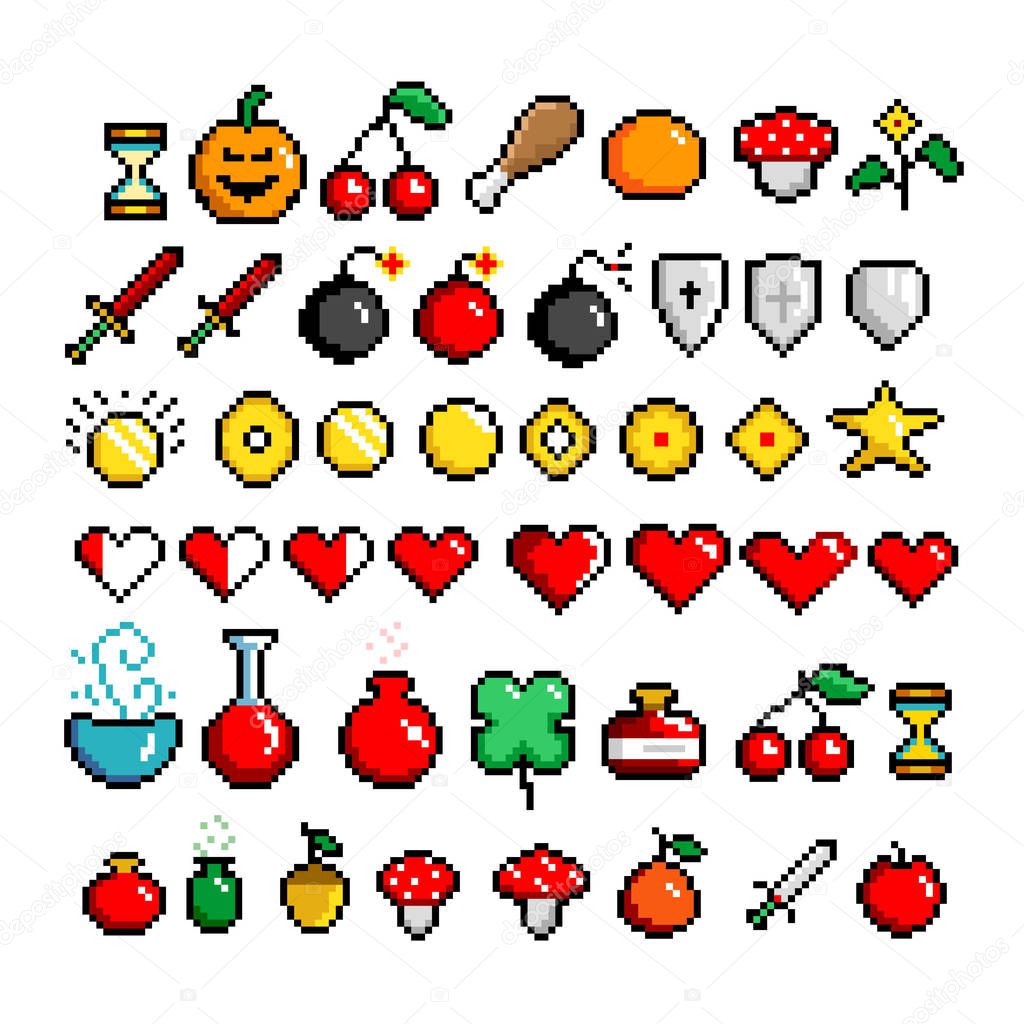 8-bit pixel graphics icon set. 46 different objects used in games. Game assets. Isolated vector illustration.