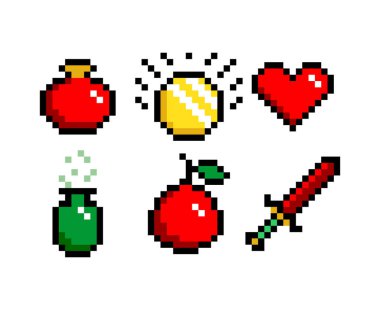 8-bit piksel grafik simgesi seti. İksir, kılıç parası ve kalp. Oyun varlıkları. İzole vektör illüstrasyonu.
