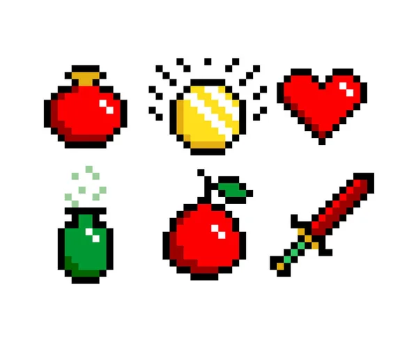 Conjunto de iconos gráficos de píxeles de 8 bits. poción, moneda espada y corazón. Activos del juego. Ilustración vectorial aislada . — Archivo Imágenes Vectoriales