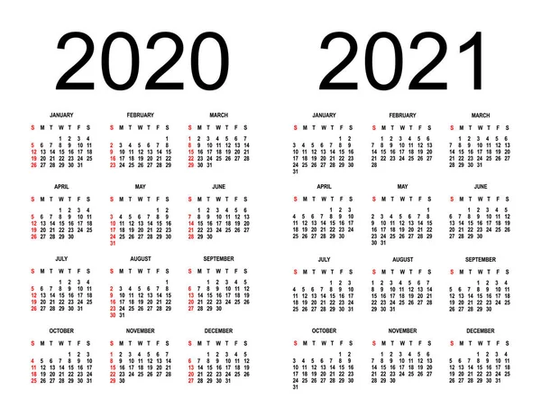 Календарь 2020 2021 - Векторная иллюстрация. Неделя начинается в воскресенье. изолированный фон. template — стоковый вектор