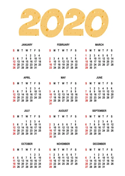 Календарь 2020 года. Недели начинаются в воскресенье. Изолированные на белом фоне - векторный шаблон — стоковый вектор