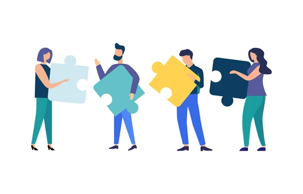 Business concept People connecting puzzle elements. Team metaphor. Vector illustration flat style Symbol of teamwork, cooperation, partnership. isolated background eps 10. — ストックベクタ