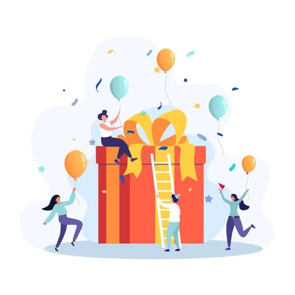 Group of happy people receive gift boxes. Online reward concept, can be used for referral programs, landing page, template, user interface, website, poster, banner, flyer, coupon. Vector flat design — ストックベクタ